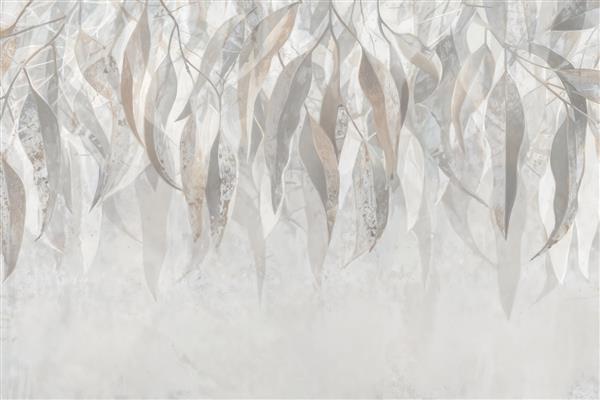 کاغذ دیواری طرح شاخ و برگ اکالیپتوس با رنگ‌های ملایم و پاستلی جهت دکوراسیون آرامش‌بخش اتاق خواب و فضای مدیتیشن