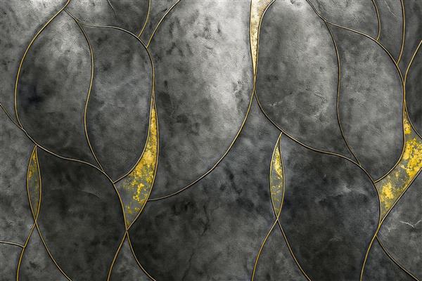 پوستر دیواری لوکس طرح برگ‌های سنگی مدرن با لبه‌های طلایی و بافت مرمر مشکی ویژه پشت تلویزیون و تالارهای پذیرایی