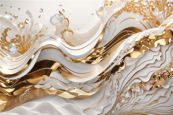 پوستر دیواری لوکس با موج‌های سفید و طلایی برجسته برای تالار پذیرایی و هتل‌های مجلل