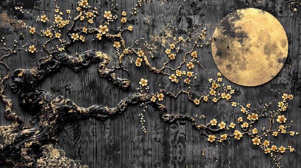 بنر و پوستر دیواری طرح شکوفه گیلاس ژاپنی روی چوب تیره با ماه کامل برای دکوراسیون آرامش‌بخش اتاق خواب