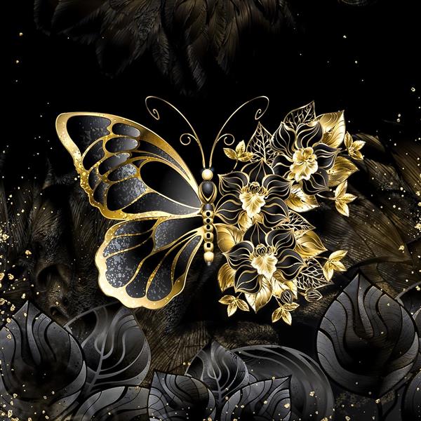 پوستر دیواری لاکچری پروانه و گل‌های ارکیده طلایی روی پس‌زمینه تیره مناسب دکوراسیون مجلل و تالار