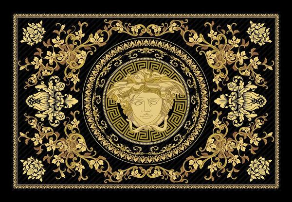 طرح ورساچه با نماد مدوسا و نقوش اسلیمی طلایی ویژه چاپ فرش ماشینی، پرده پانچی و کوسن لوکس