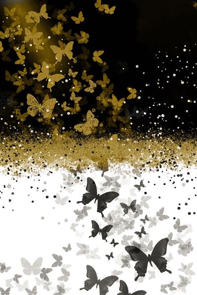 پوستر دیواری عمودی با طرح پروانه‌های مشکی و طلایی اکلیلی درخشان برای اتاق خواب دخترانه و مزون‌های مد