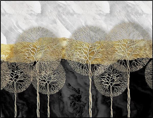 پوستر دیواری پانوراما طرح درختان فانتزی طلایی و نقره‌ای با بافت سنگ مرمر برای دیوار پذیرایی، تالار و راهروی هتل‌های لوکس