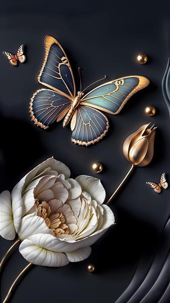 پوستر دیواری سه بعدی پروانه‌های سرمه‌ای و گل سفید لوکس با مرواریدهای طلایی برای اتاق خواب مستر، سالن زیبایی و مزون عروس