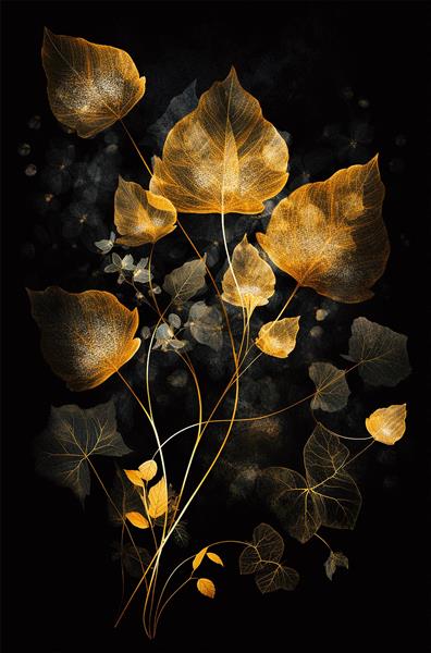 طرح ظریف برگ‌های اسکلتی طلایی در پس‌زمینه تاریک برای پوستر دیواری اتاق نشیمن، قاب عکس مدرن و چاپ روی شال و منسوجات