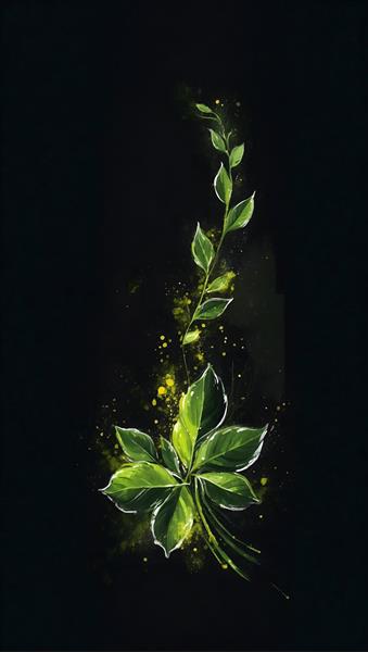 نقاشی هنری برگ‌های سبز و گیاه رونده با پس‌زمینه مشکی مناسب چاپ روی پوستر دیواری پذیرایی و اتاق خواب، تابلوی دکوراتیو مدرن و کاور دفترچه