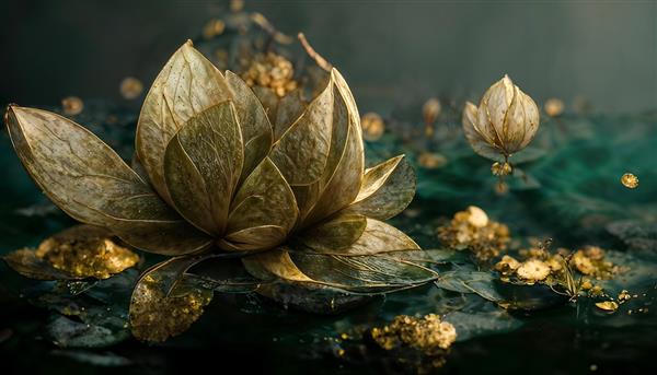 تصویر پانوراما از نیلوفر آبی با تم سبز تیره و طلایی مناسب پوستر دیواری عریض برای دیوارهای بزرگ نشیمن