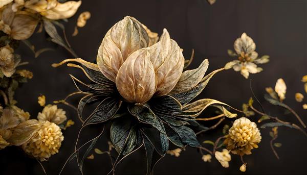 طرح هنری و ارگانیک گل‌های پنبه‌ای با رنگ‌های قهوه‌ای و طلایی مناسب برای چاپ پرده، رومیزی و پوستر دیواری