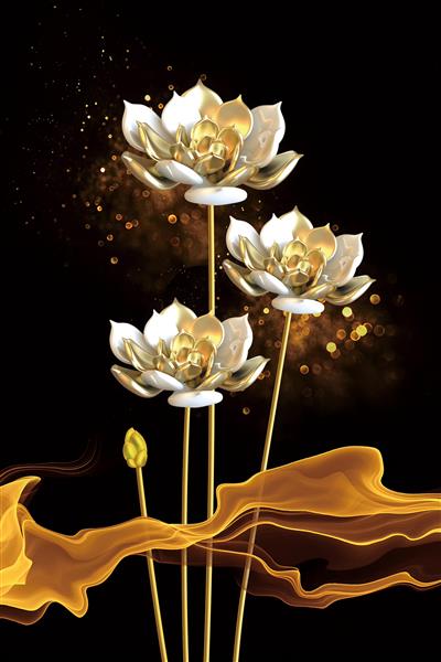 طرح انتزاعی سه گل لوتوس (نیلوفر آبی) سفید و طلایی روی ساقه با خطوط منحنی ویژه پوستر دیواری راهرو و لابی