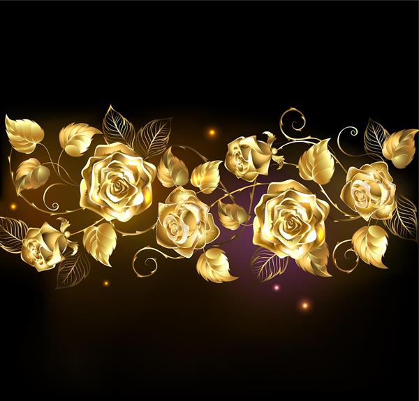 نوار حاشیه گل‌های رز طلایی درخشان برای پوستر دیواری افقی، کتیبه پرده، چاپ روی سینی و ظروف دکوراتیو یا بنر تبریک لوکس