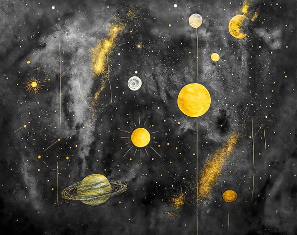 نقاشی آبرنگی منظومه شمسی و سیارات طلایی در آسمان شب مناسب پوستر دیواری اتاق کودک و محیط‌های آموزشی