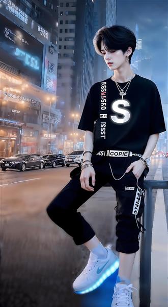 استایل خیابانی پسر جوان با لباس‌های مشکی و کفش‌های نورانی در شهر مدرن مناسب برای پوستر دیواری اتاق نوجوان و گیمینگ