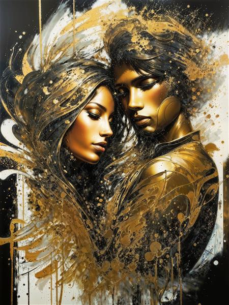 نقاشی مدرن چهره زوج عاشق با رنگ‌های طلایی و مشکی و پاشش رنگ برای تابلو دکوراتیو و پوستر دیواری سالن نشیمن