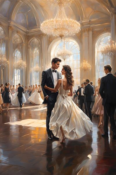 طرح تابلوی مجلل رقص در تالار قصر با لوسترهای کریستال بزرگ مناسب برای دکوراسیون هتل‌ها، عمارت‌های لوکس و پوستر دیواری پذیرایی