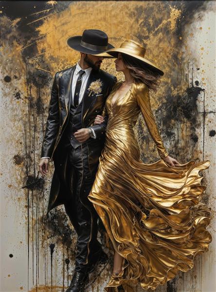 پوستر دیواری هنری رمانتیک از قدم زدن زوج با لباس‌های طلایی و مشکی با پس‌زمینه رنگ‌پاش برای دکوراسیون لوکس و سالن پذیرایی