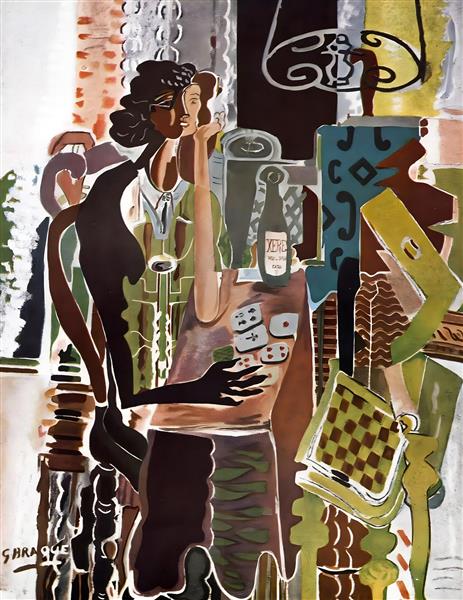 طرح نقاشی کوبیسم و مدرن از چهره زن با ترکیب رنگ‌های سبز و قهوه‌ای برای تولید تابلو بوم و پوستر دیواری فضاهای هنری و دکوراسیون مینیمال