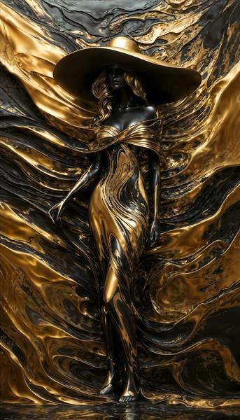 پوستر دیواری سه بعدی انتزاعی از فیگور زن با لباس روان طلایی و مشکی و کلاه لبه‌دار برای مزون‌های لاکچری و دکوراسیون پذیرایی مدرن