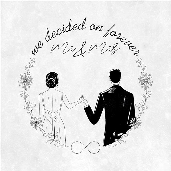 طرح خطی و مینیمال عروس و داماد با نوشته انگلیسی "Forever" مناسب برای چاپ پوستر دیواری اتاق خواب مستر، آتلیه‌های عکاسی و مزون عروس