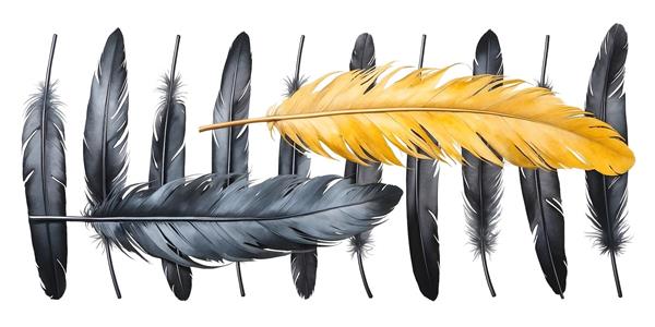 پوستر دیواری طرح پرهای فانتزی مشکی و طلایی لوکس با کنتراست بالا برای دیوارهای عریض و نصب در راهرو، لابی و پشت میز پذیرش ادارات و شرکت‌ها