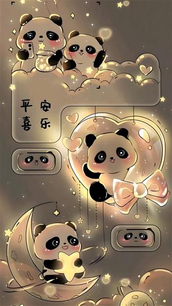 والپیپر فانتزی خرس‌های پاندا روی ماه و ستاره‌ها با نورپردازی گرم برای پوستر دیواری اتاق کودک و نوزاد و چاپ روی روتختی و پرده اتاق خواب بچه‌ها