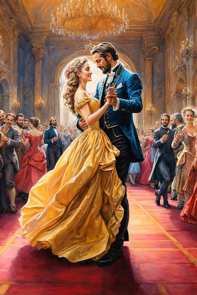 طرح تابلوی نقاشی کلاسیک رقص دو نفره در تالار مجلل با لباس‌های اشرافی مناسب برای دکوراسیون هتل‌های لوکس، تالار عروسی و پوستر دیواری پذیرایی بزرگ