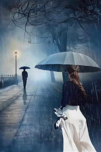 نقاشی رمانتیک قدم زدن در باران با چتر در خیابان شبانه برای پوستر دیواری اتاق خواب و پذیرایی با تم رنگی آرامش‌بخش و رویایی در لابی هتل و کافه