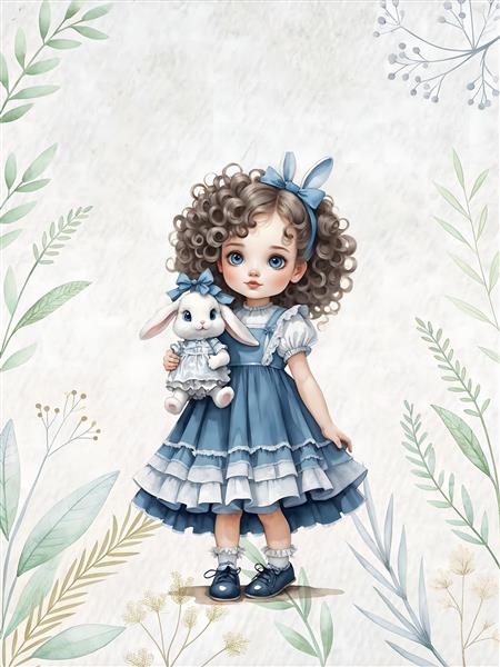 طرح کلاسیک دختر مو فرفری با عروسک خرگوش و کادر گیاهی برای پوستر دیواری و قاب عکس فانتزی