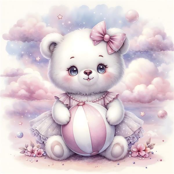 خرس قطبی کوچک و توپ راه راه در میان ابرها مخصوص چاپ روی سیسمونی و کاغذ دیواری نوزاد