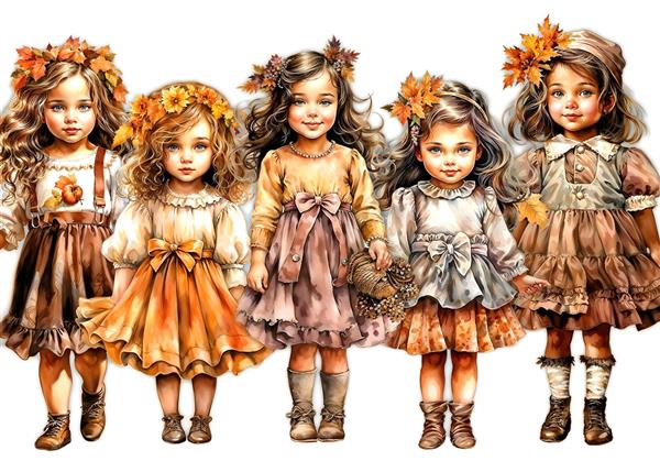 تصویر گرافیکی پنج دختربچه با تم پاییزی و تاج برگ برای تابلوهای دکوراتیو و کتاب داستان کودکان