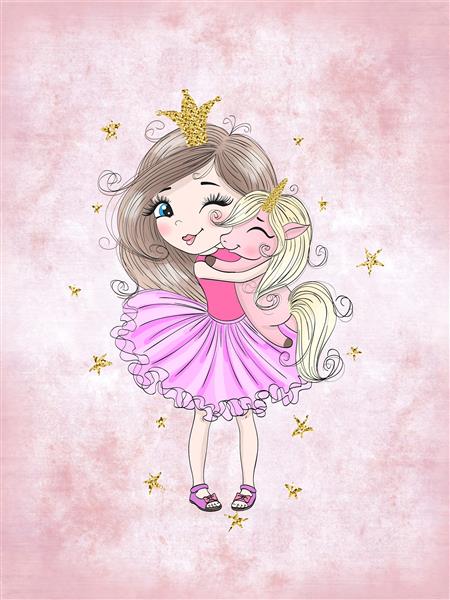 استیکر و پوستر دیواری فانتزی دختر شاهزاده و اسب تک شاخ با جزئیات اکلیلی برای اتاق کودک