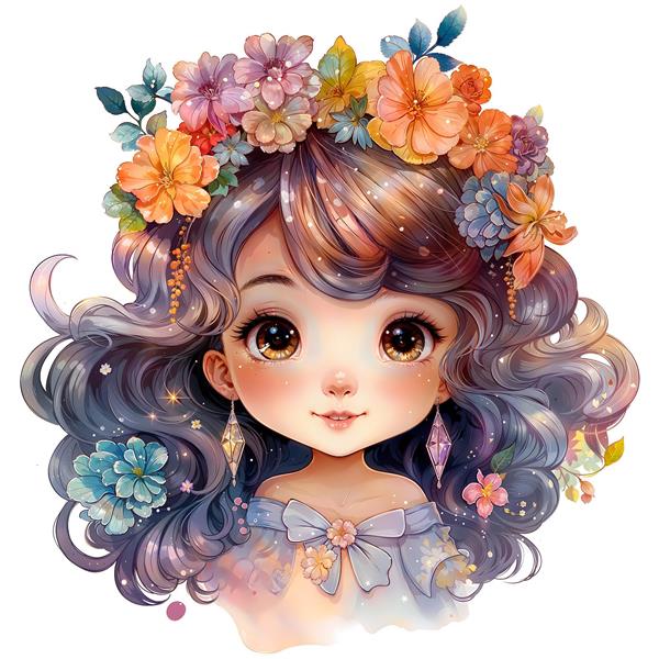 پرتره فانتزی دختر با موهای فر و تاج گل رنگارنگ ایده آل برای پوستر دیواری سالن های زیبایی