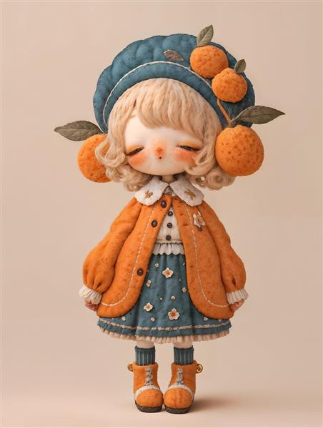 عروسک فانتزی با کلاه پرتقالی و لباس پشمی طرحی خلاقانه برای تابلو دکوراتیو و استیکر دیواری