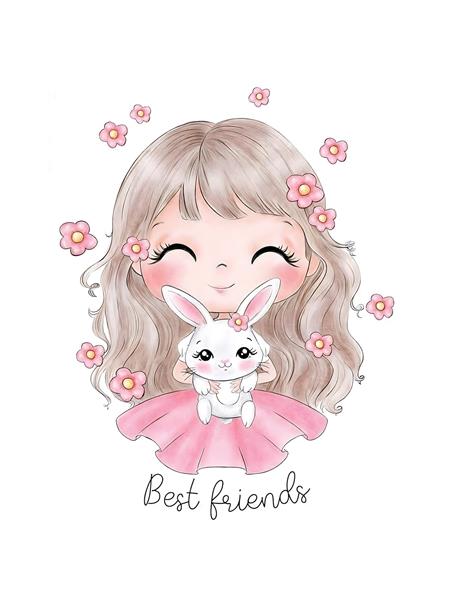 تصویر گرافیکی صمیمی دختر و خرگوش سفید با متن بهترین دوستان برای چاپ روی ماگ و تیشرت