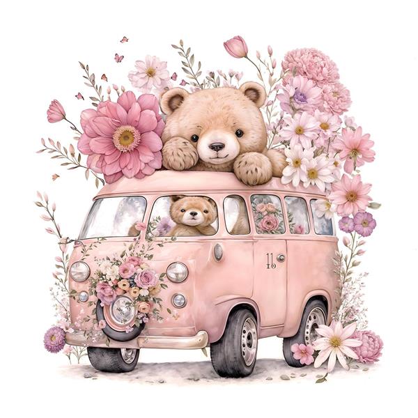 تصویر باکیفیت خرس مهربان و ون صورتی پر از گل مناسب چاپ روی کوسن و دفترچه یادداشت فانتزی