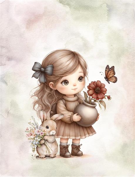 طرح آبرنگی دختر کوچولو و خرگوش با گلدان گل برای چاپ روی پرده و روتختی اتاق دخترانه