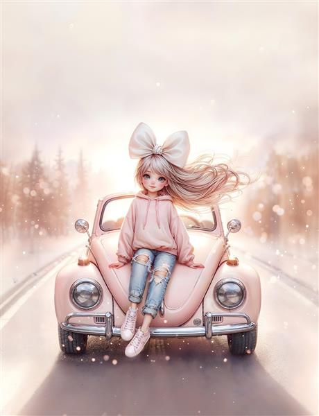 تصویر هنری دختر فانتزی روی ماشین فولکس قدیمی برای پوستر دیواری مزون لباس و اتاق خواب مدرن