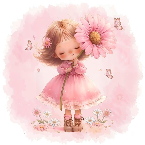 طرح دختربچه با گل آفتابگردان بزرگ برای پوستر دیواری شاد اتاق دخترانه و چاپ روی پرده و روتختی