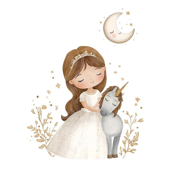 کاراکتر فانتزی دختر و اسب تک‌شاخ زیر نور ماه برای پوستر دیواری اتاق نوزاد و مهدکودک‌های مدرن