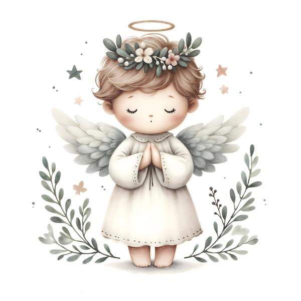 طرح مینیمال فرشته در حال عبادت و شاخه‌های زیتون ویژه پوستر دیواری اتاق نوزاد و چاپ روی تیشرت و ماگ