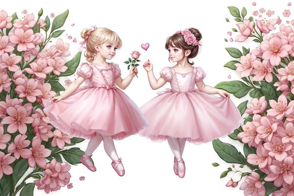 پوستر دیواری دو دختر بالرین در میان گل‌های صورتی جذاب برای تزیین آتلیه عکاسی و اتاق نوزاد