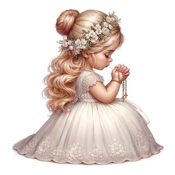 تصویر دختر نجیب در حال دعا با تاج گل برای پوستر دیواری اتاق خواب، تابلو شاسی و دکوراسیون مهدکودک