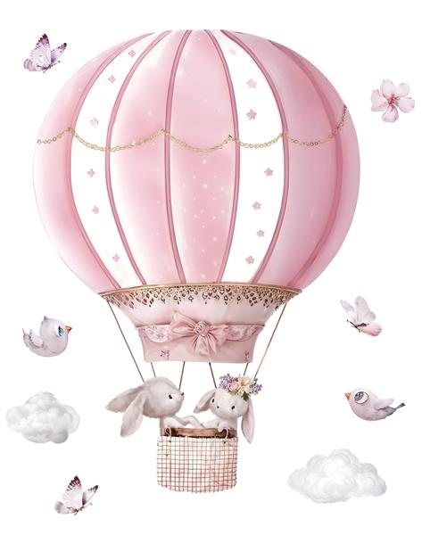 طرح خرگوش‌های فانتزی سوار بر بالن صورتی برای کاغذ دیواری سه بعدی اتاق کودک و چاپ روی کوسن و فرش