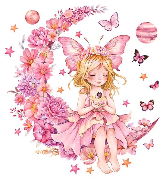 پوستر دیواری ماه و گل‌های صورتی با طرح پری مهربان برای دکوراسیون اتاق خواب دخترانه و چاپ پرده تصویری