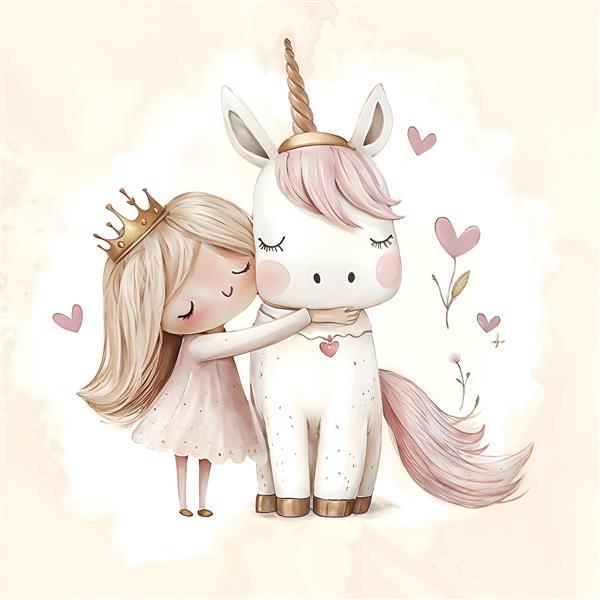 پوستر دیواری سه بعدی اسب تک‌شاخ و پرنسس کوچک با قلب‌های معلق برای تزیین مهدکودک و اتاق بازی