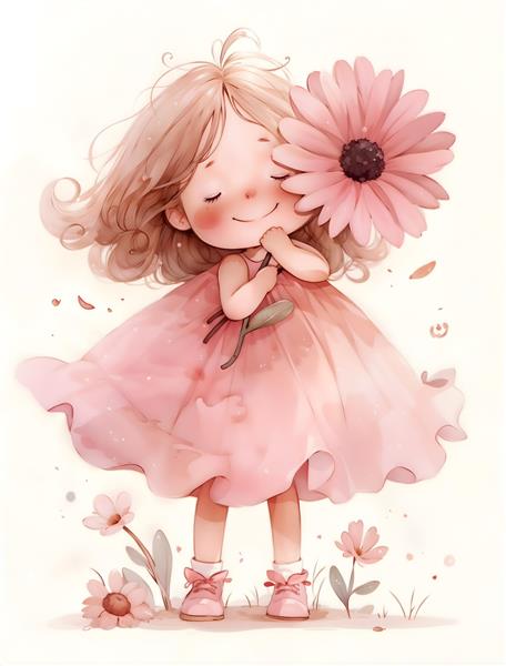 دخترک مهربان با گل بزرگ آفتابگردان‌مانند صورتی ویژه چاپ روی پرده پانچی و پوستر دیواری پشت تخت خواب