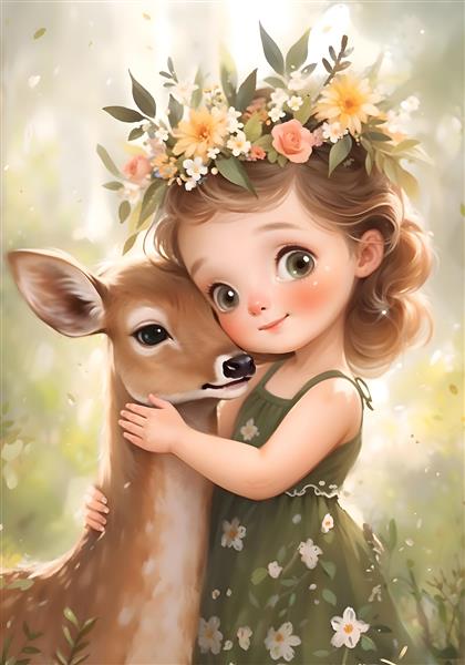 تصویر باکیفیت آغوش صمیمانه دختر و آهو با تاج گل طبیعی ویژه پوستر دیواری پذیرایی و سالن‌های زیبایی