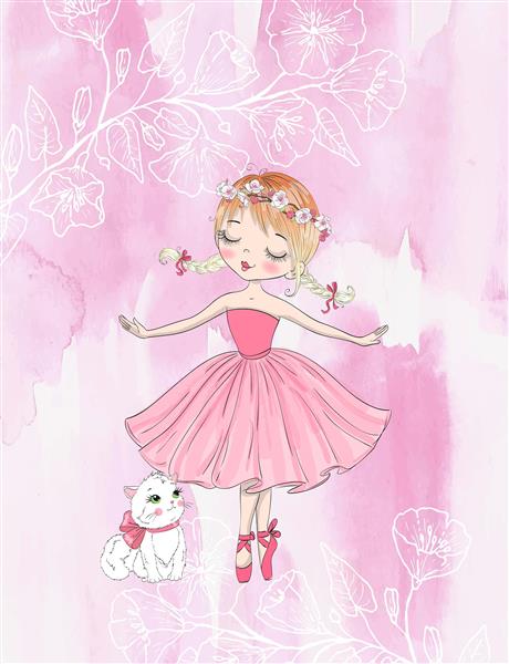 پوستر دیواری هنری دختر بالرین با لباس پف‌دار صورتی و گربه ملوس برای دکوراسیون آتلیه و اتاق دخترانه