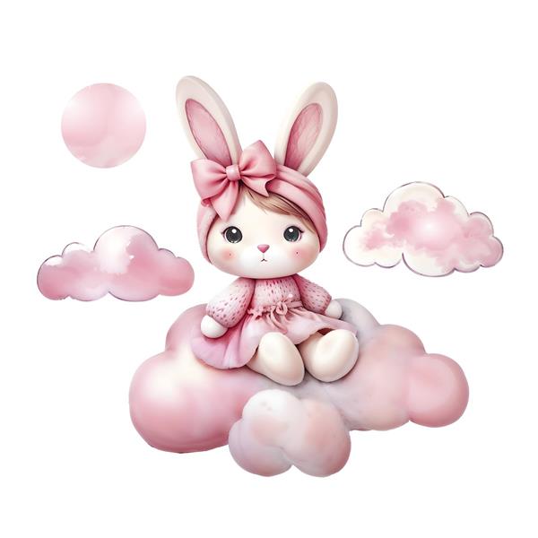 پوستر دیواری مدرن خرگوش صورتی روی ابر برای تزیین دیوار اتاق نوزاد و چاپ روی سیسمونی و پرده