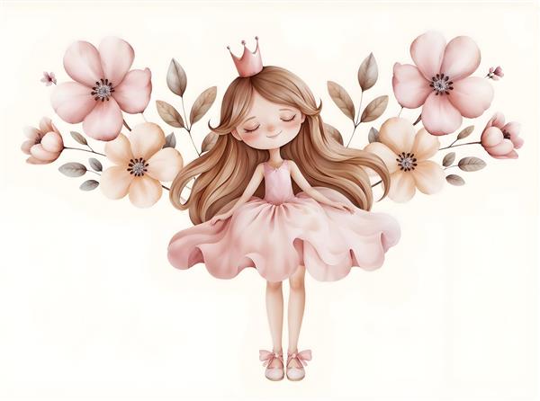 پوستر دیواری فانتزی دختر بالرین با تاج پادشاهی و گل‌های هلویی ویژه دکوراسیون اتاق کودک و مهدکودک